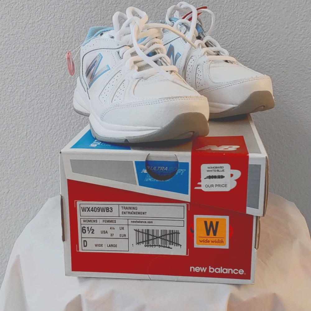 New Balance training shoes, 6.5 wide, white with blue and silver trim